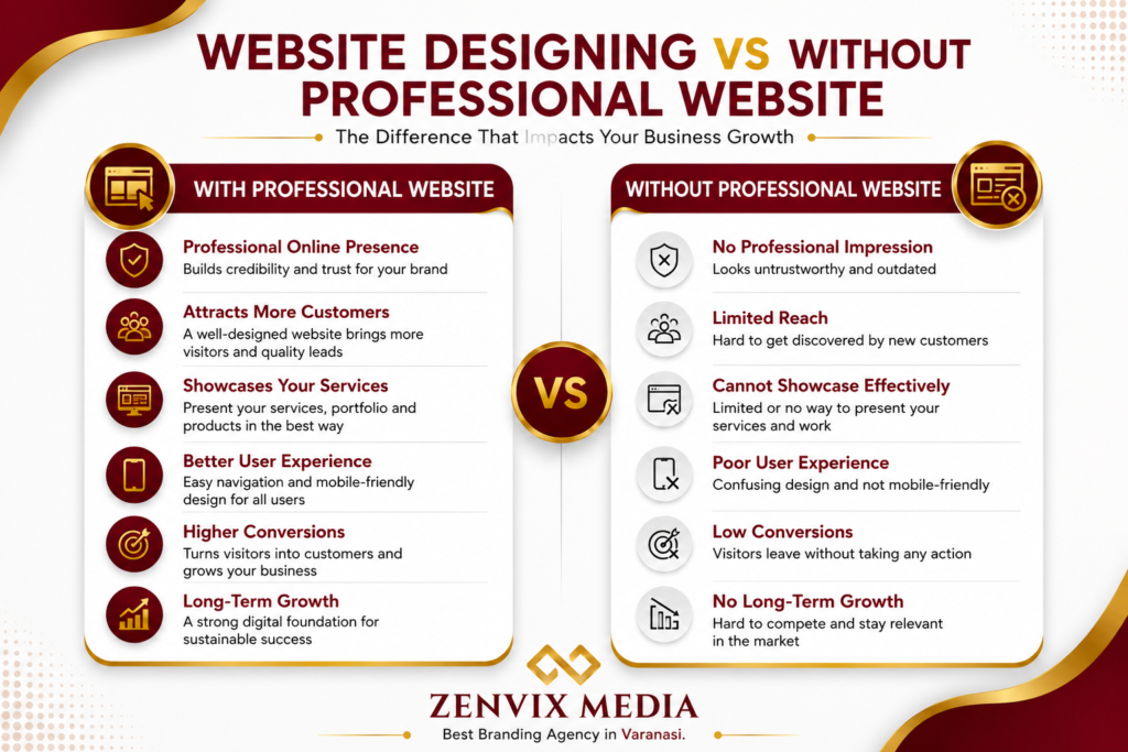 Comparison infographic by Zenvix Media showing the benefits of professional website designing versus not having a professional website, including better branding, user experience, higher conversions, and long-term business growth.