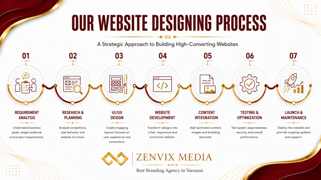 Website designing process infographic by Zenvix Media showing seven stages including requirement analysis, research and planning, UI UX design, website development, content integration, testing and optimization, and launch with maintenance.